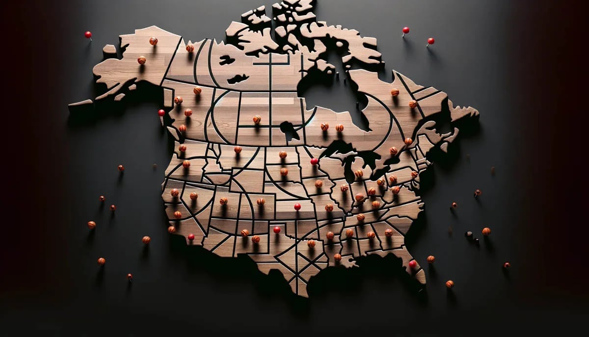 map of north america made from basketball flooring with adult basketball pushpins