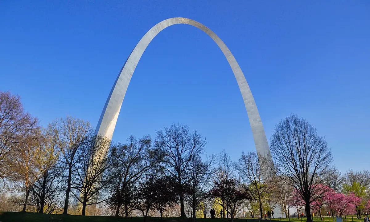 St. Louis Arch surrounded by trees and blue sky