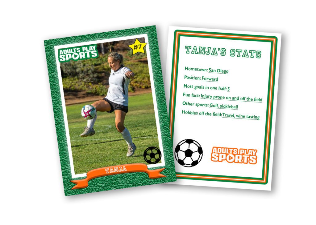 Soccer player card with stats about the founder of Adults Play Sports