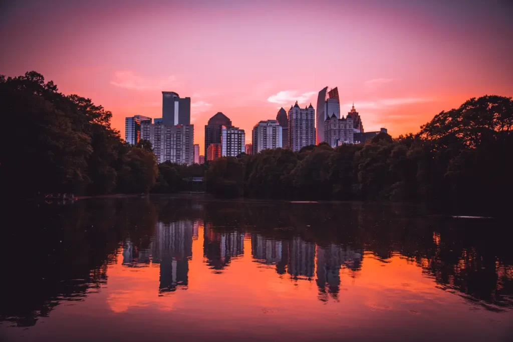 Atlanta skyline at dusk with purple sky